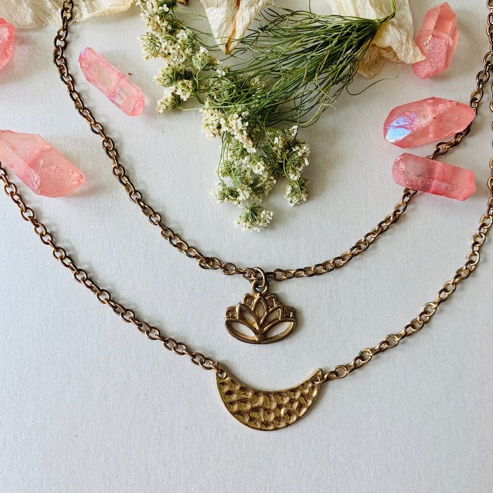 handcrafted golden moon and lotus necklace stack🌸